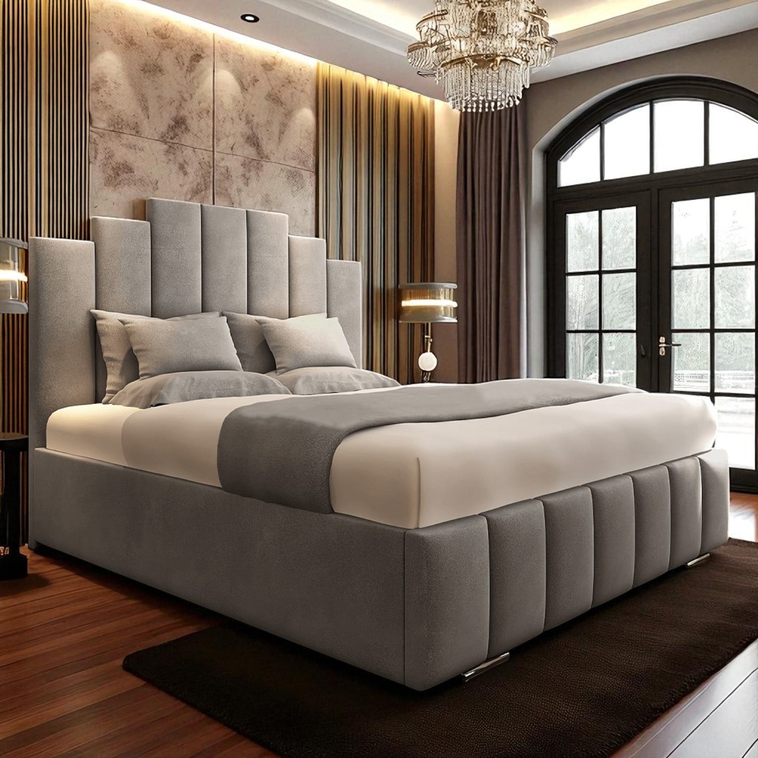 Echelon Gray Velvet Stepped-Panel Bed Frame