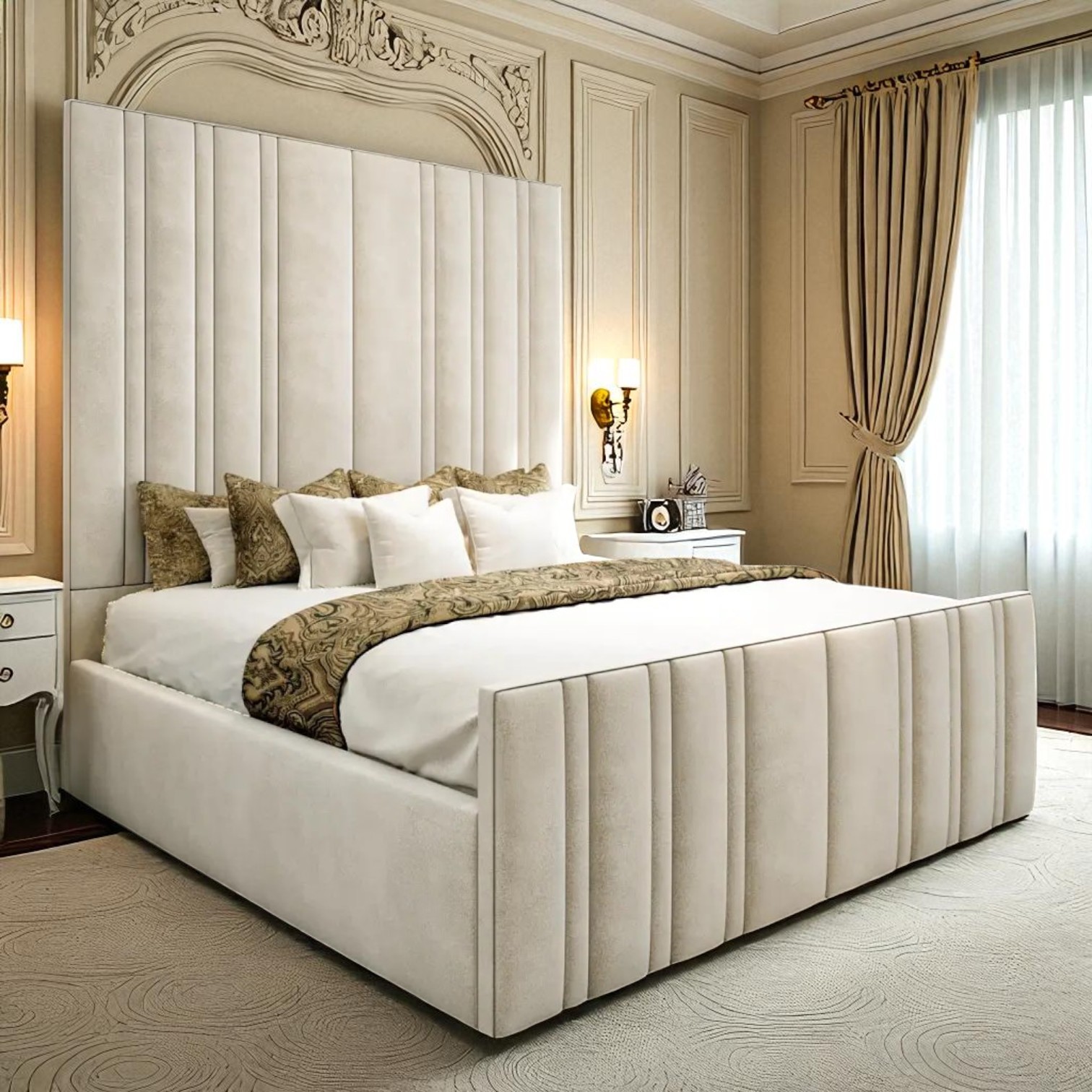 Palazzo Cream Velvet Channel-Tufted Bed Frame