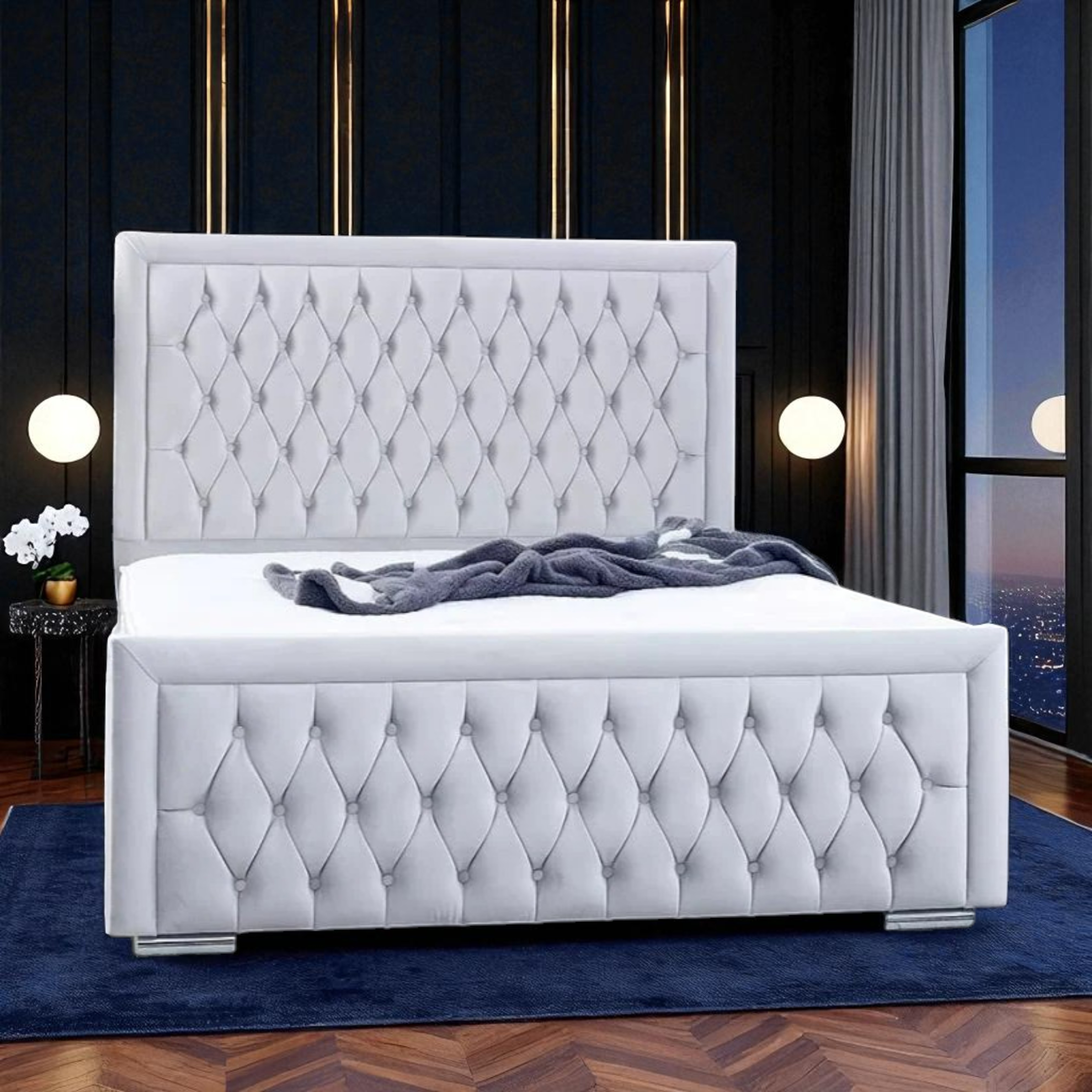 Avalon Ice-Gray Velvet Diamond-Tufted Platform Bed Frame
