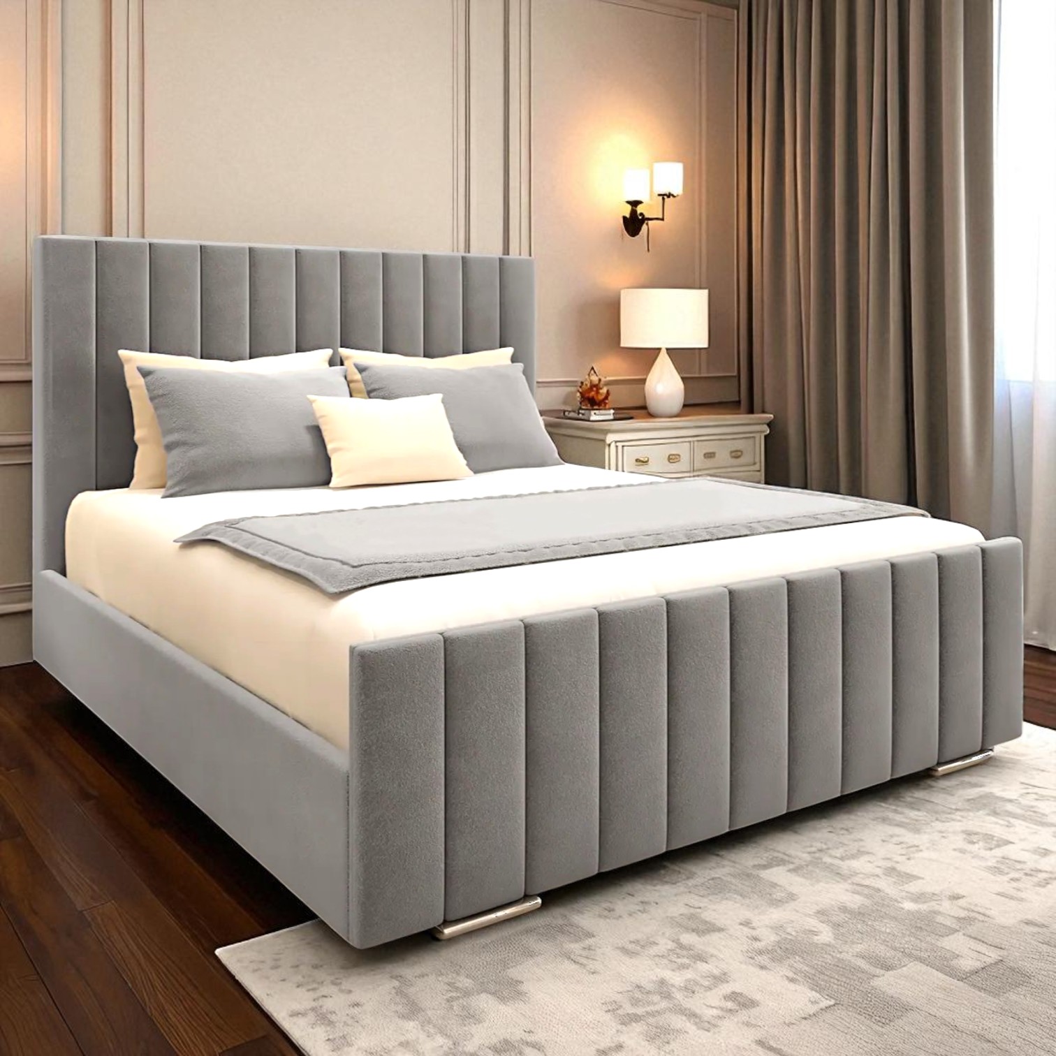  Modern Gray Velvet Channel-Tufted Bed Frame