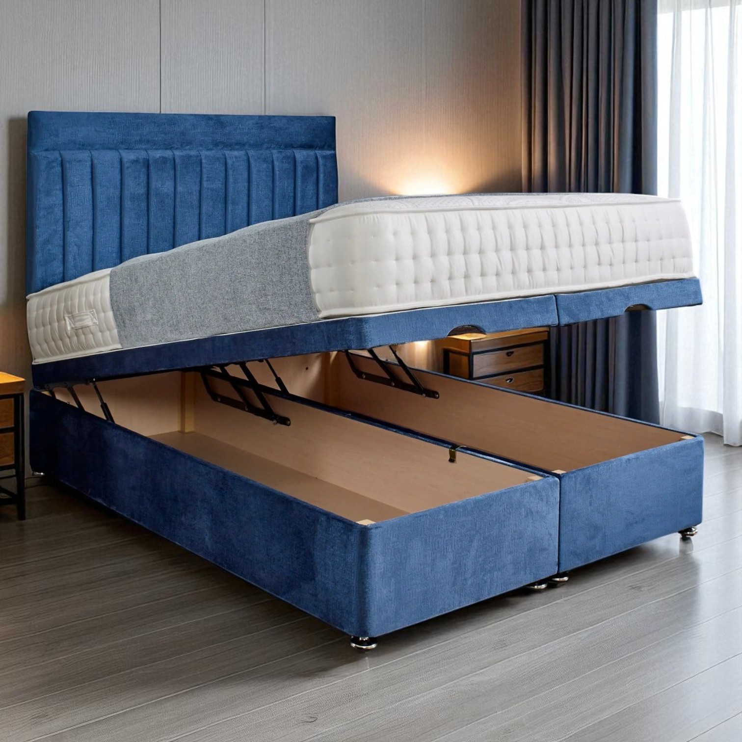 Navy Velvet Ottoman Storage Bed with Channel‑Tufted Headboard
