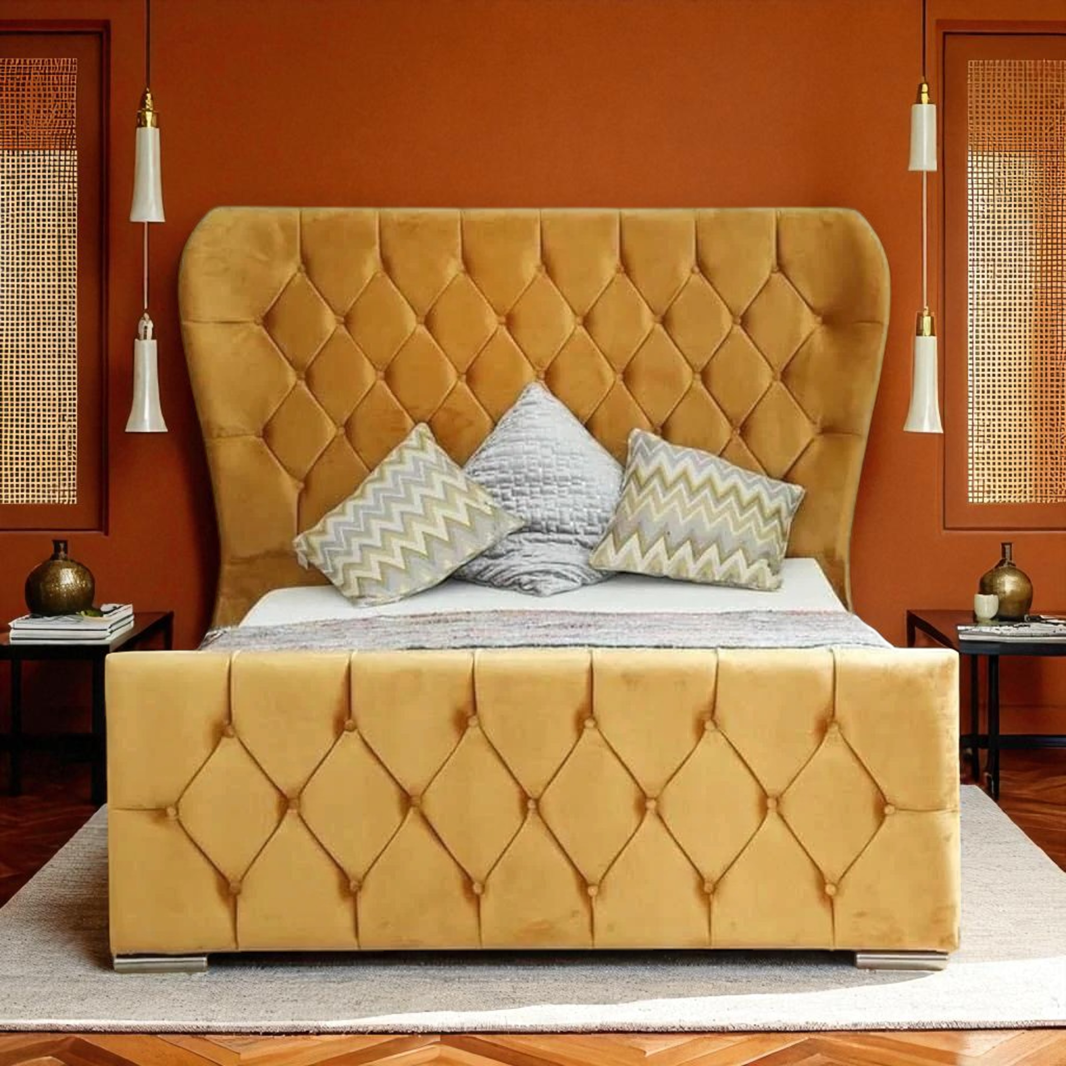 Mustard Velvet Wingback Diamond Tufted Bed Frame