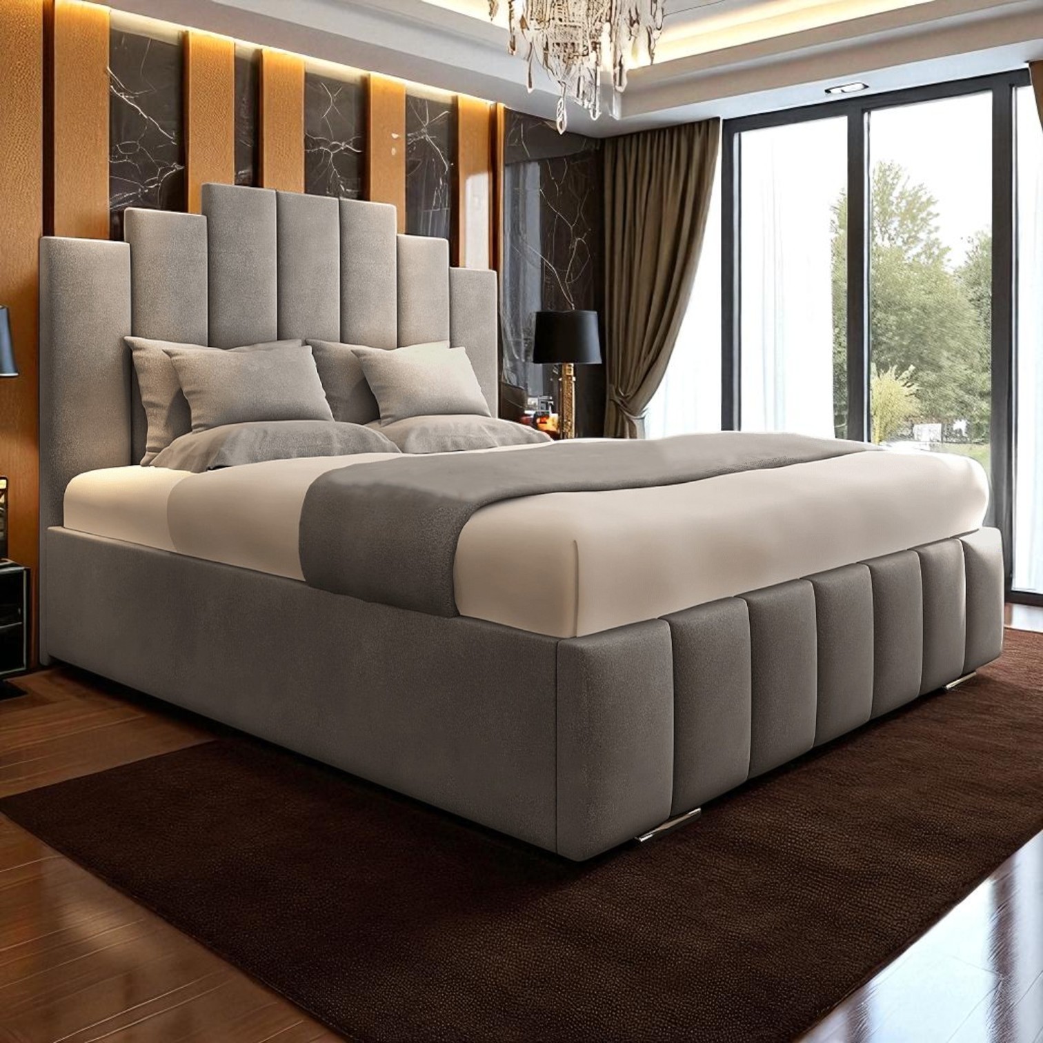 Echelon Gray Velvet Stepped-Panel Bed Frame