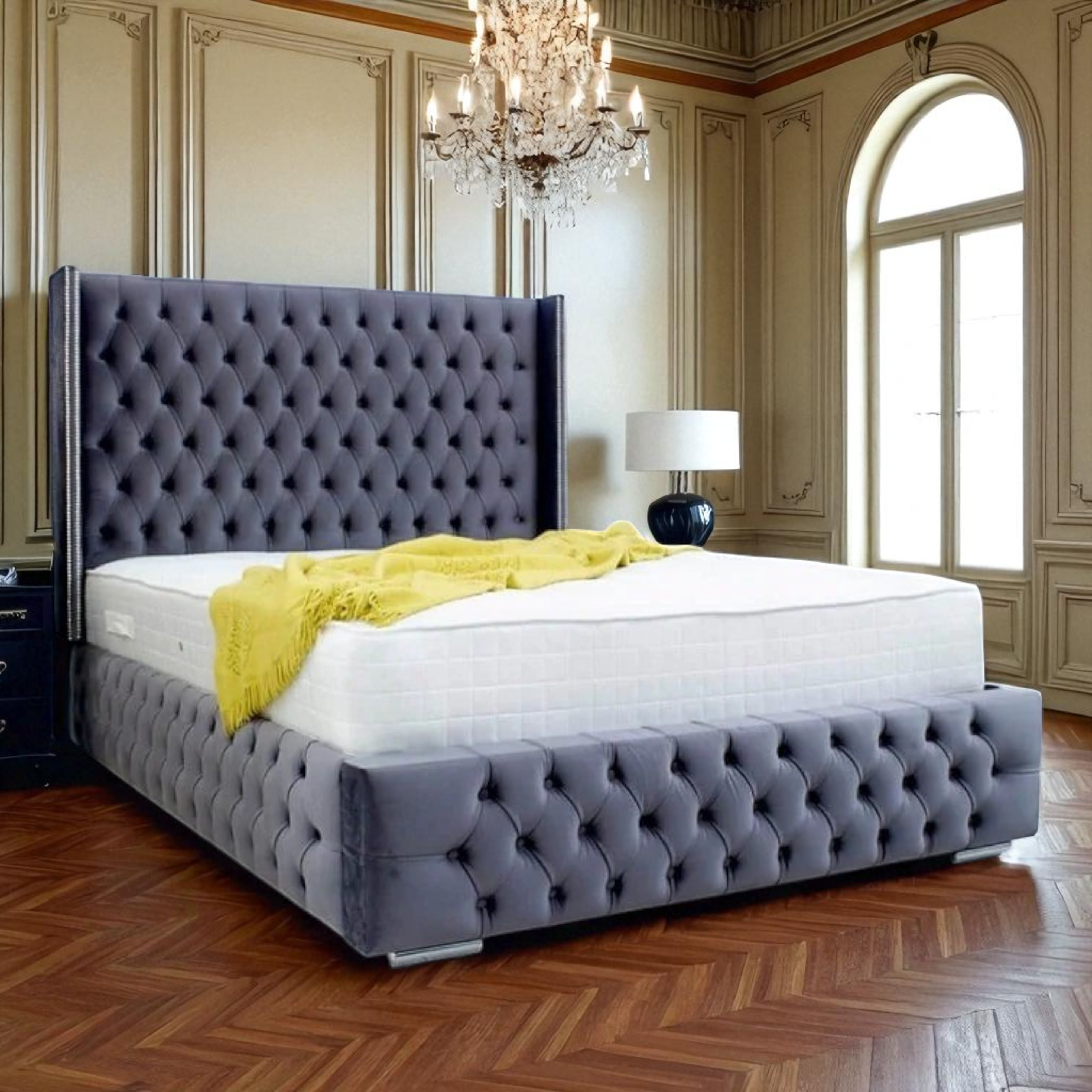 Palais Royale Wingback Diamond-Tufted Velvet Bed Frame