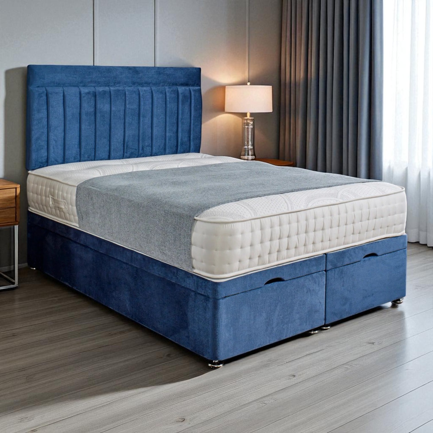 Navy Velvet Ottoman Storage Bed with Channel‑Tufted Headboard