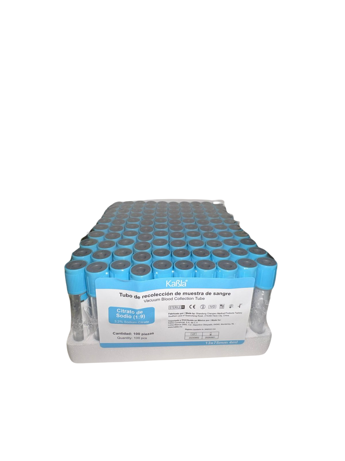 TUBO AL VACIO CON CITRATO DE SODIO 3.2% (TUBO PT) 13X75mm 4ml PLASTICO PET, TAPA COLOR AZUL