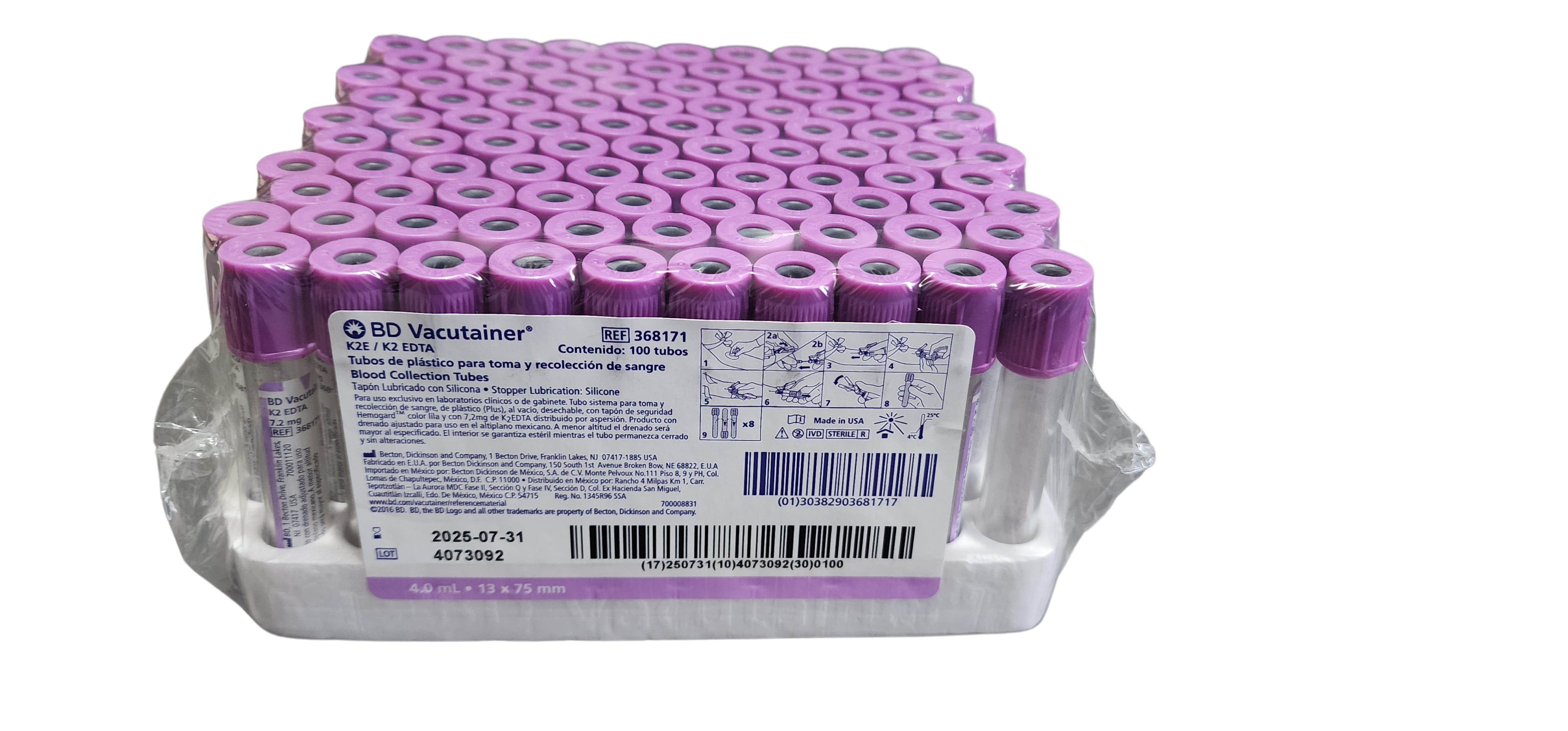 TUBO DE PLASTICO PARA TOMA Y RECOLECCION DE SANGRE COLOR LILA CON K2 EDTA MARCA BD C/100 TUBOS