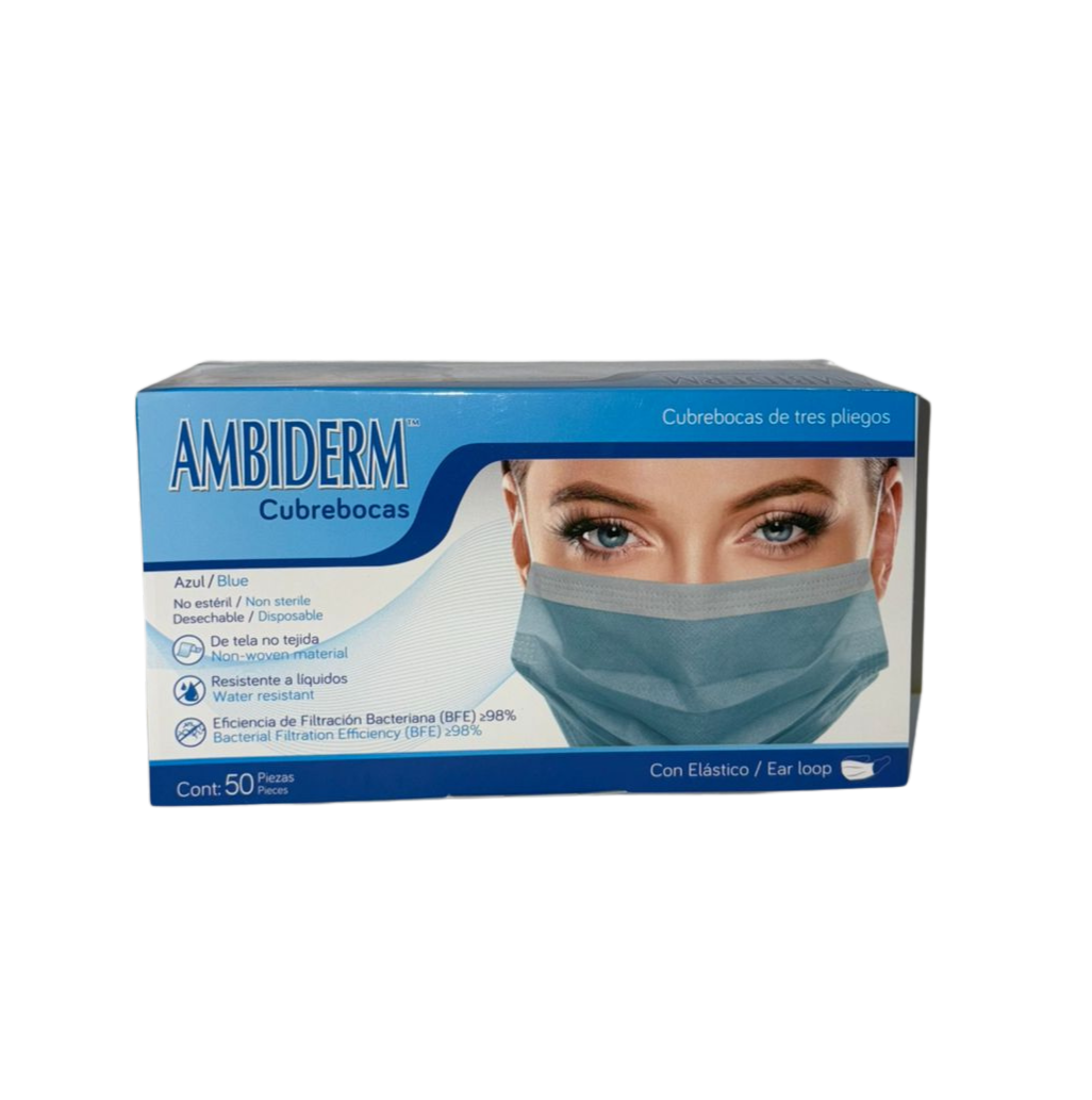 CUBREBOCAS DE 3 PLIEGOS C/ELASTICO AZUL CAJA C/50 PZAS AMBIDERM