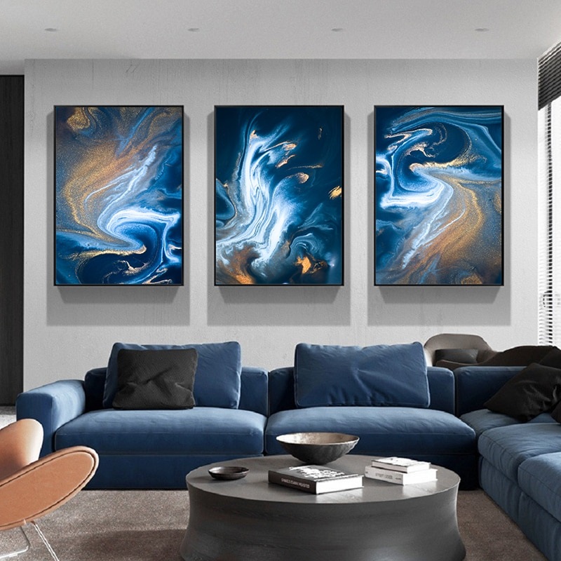 Abstract Blue and Gold Wall Art Set