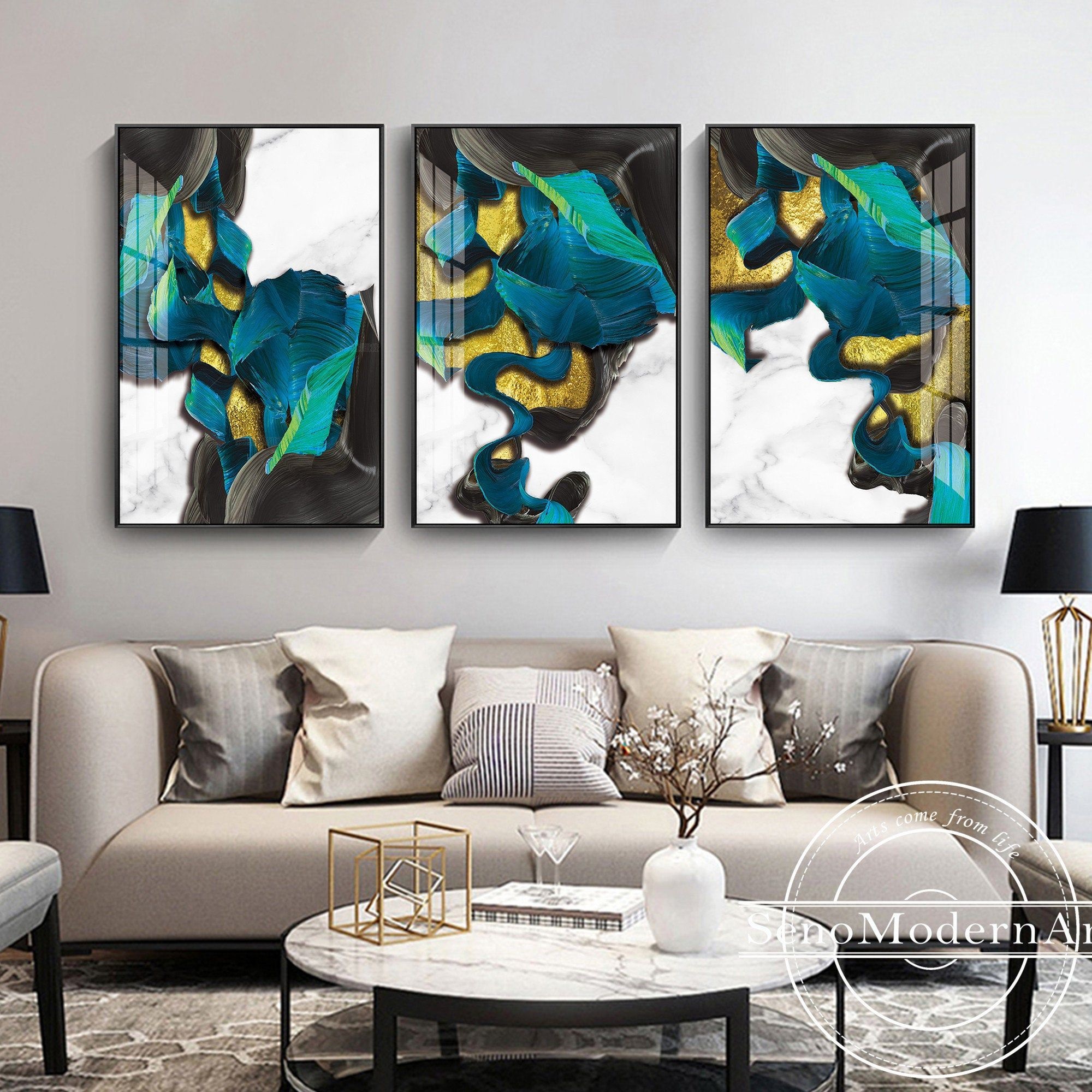 Abstract Blue and Gold Wall Art Set