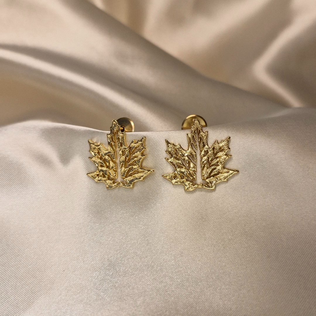 Golden Maple Leaf Stud Earrings