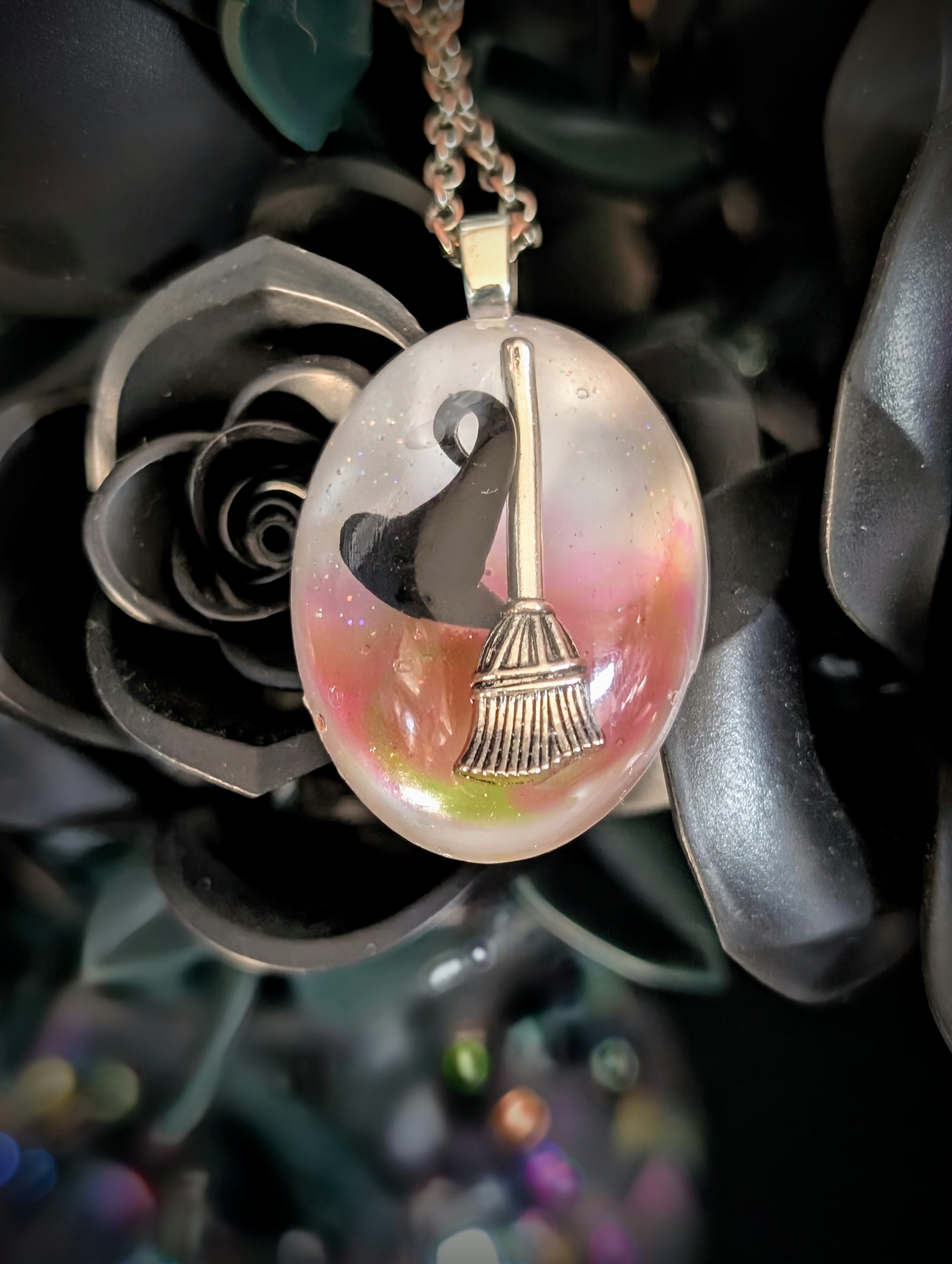 "I'm Melting" Witch Hat and Broomstick Resin Pendants