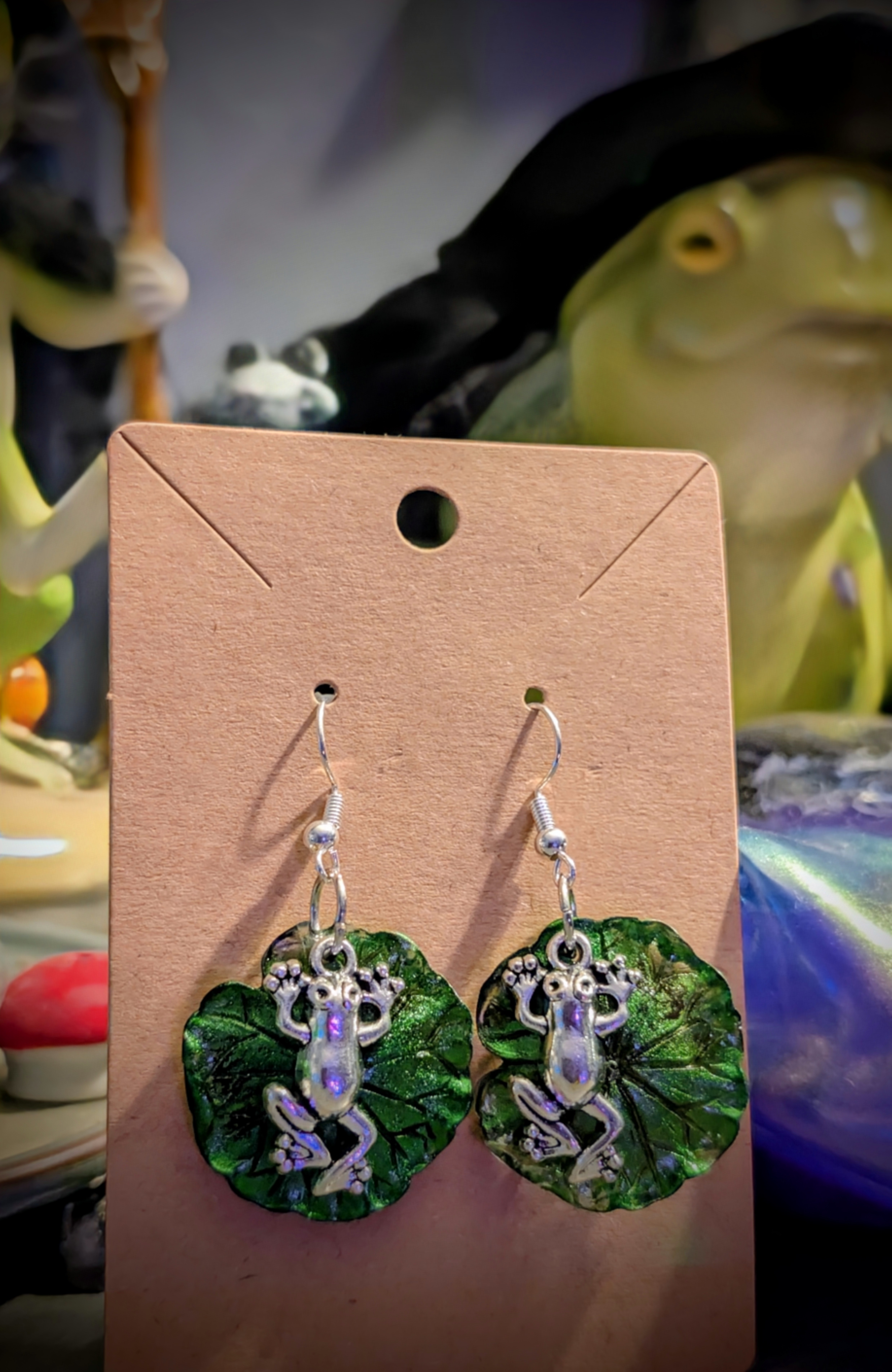 Handmade Frog Lily Pad Resin Earrings 