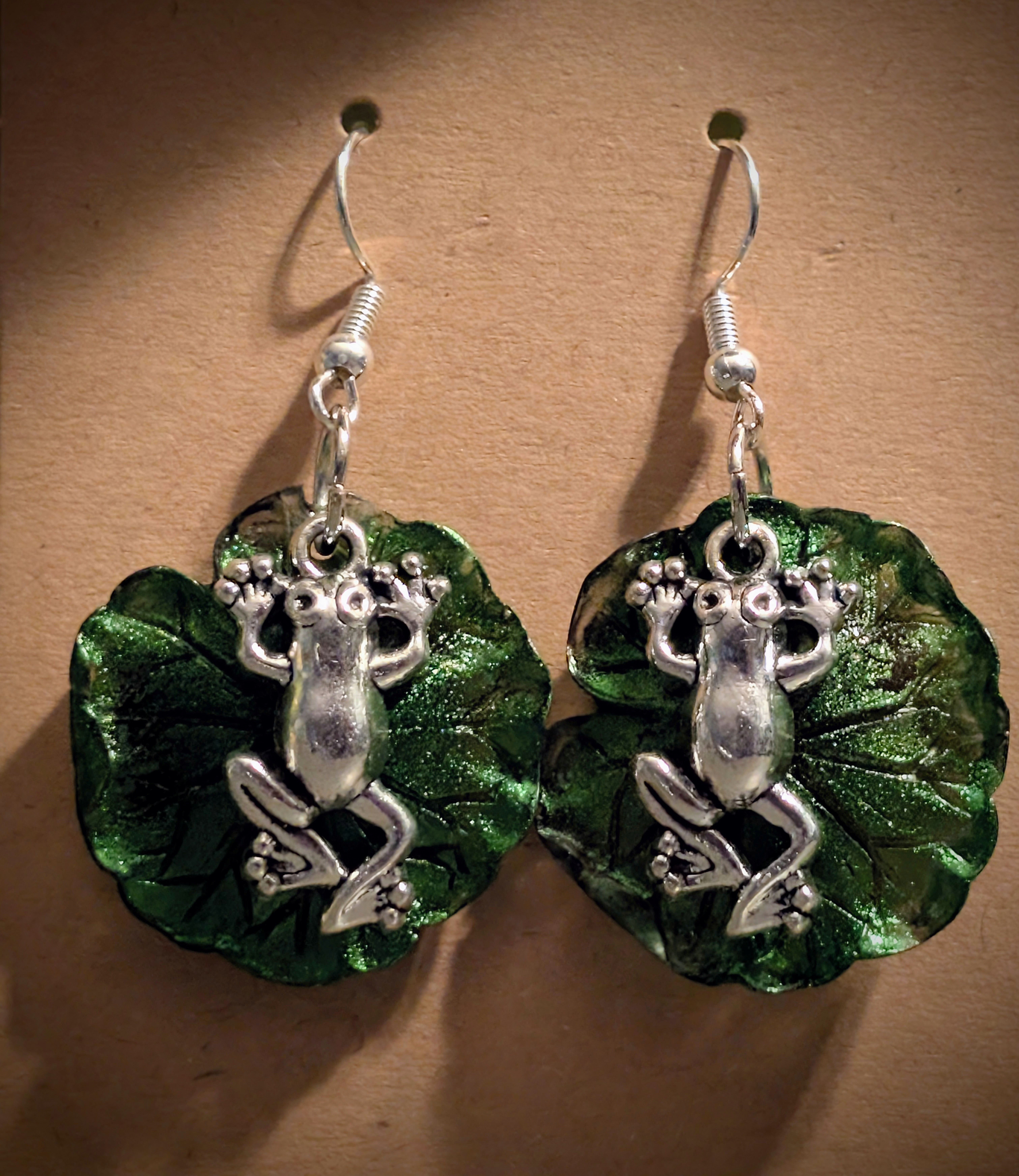 Handmade Frog Lily Pad Resin Earrings 