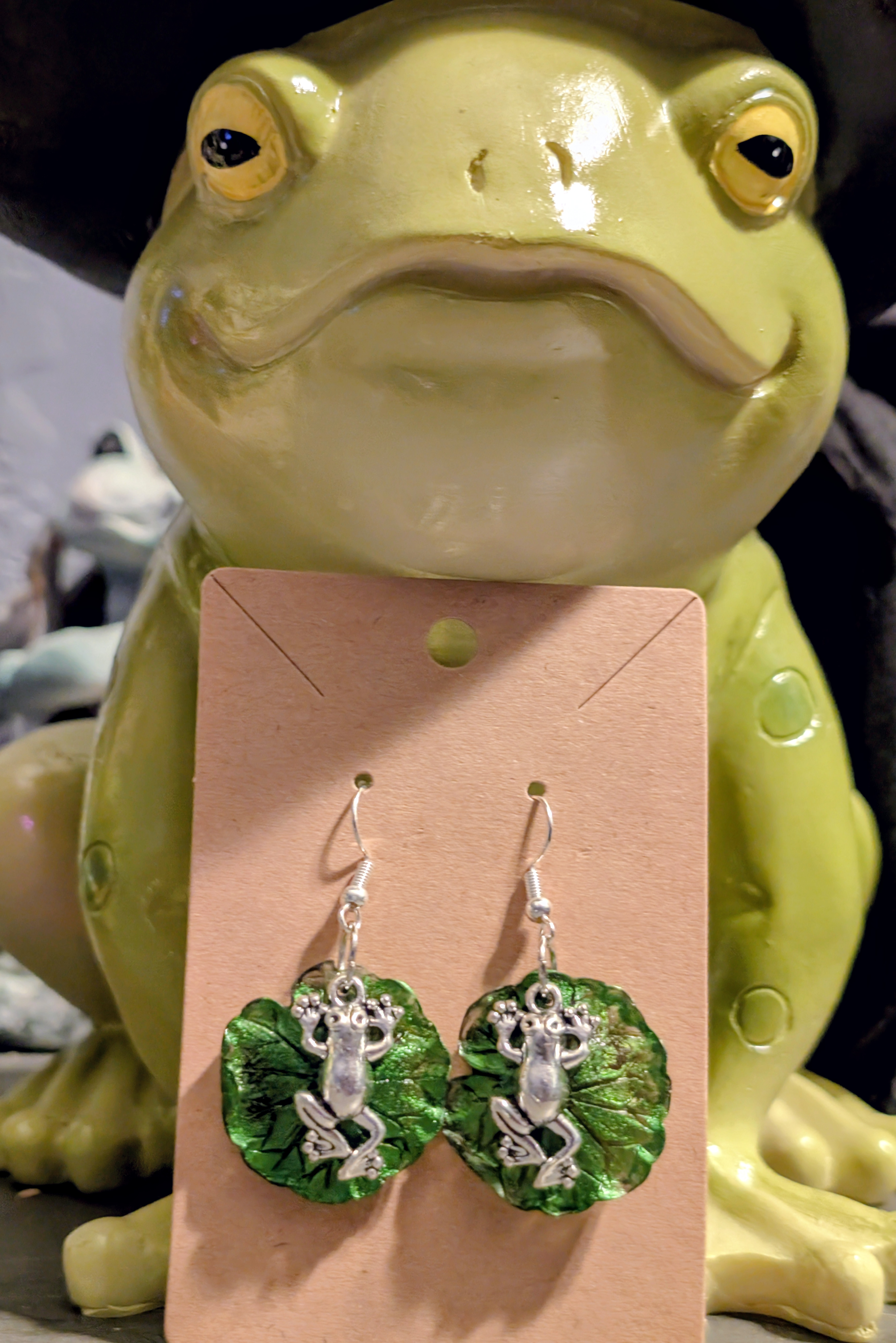 Handmade Frog Lily Pad Resin Earrings 