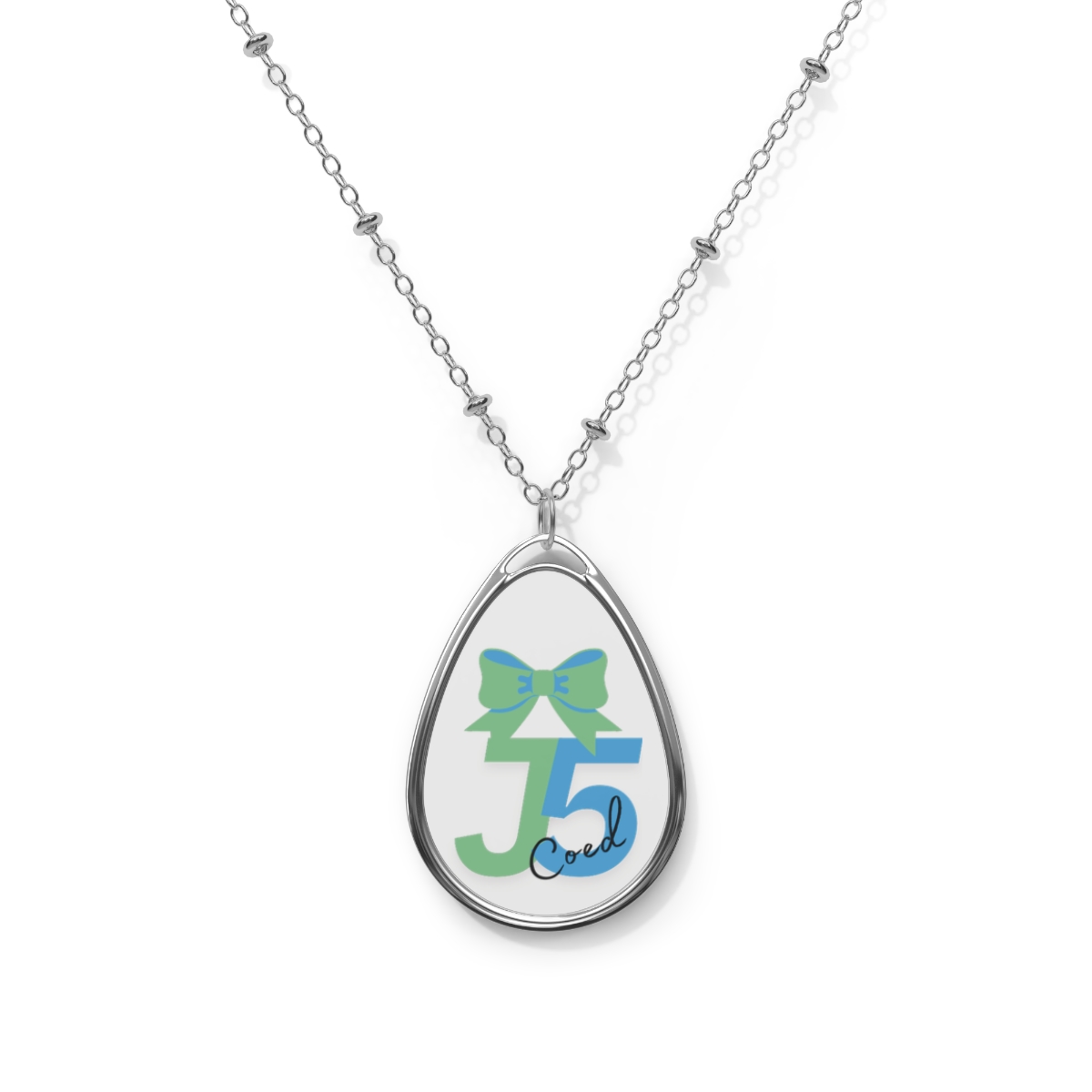 J5 Coed | Junior Level 5 Coed | Cheer Age and Level Oval Necklace | Perfect Gift for Cheer Teams, Summit Gift Bags, Summit Goodies, Competition Gifts, or Just Because
