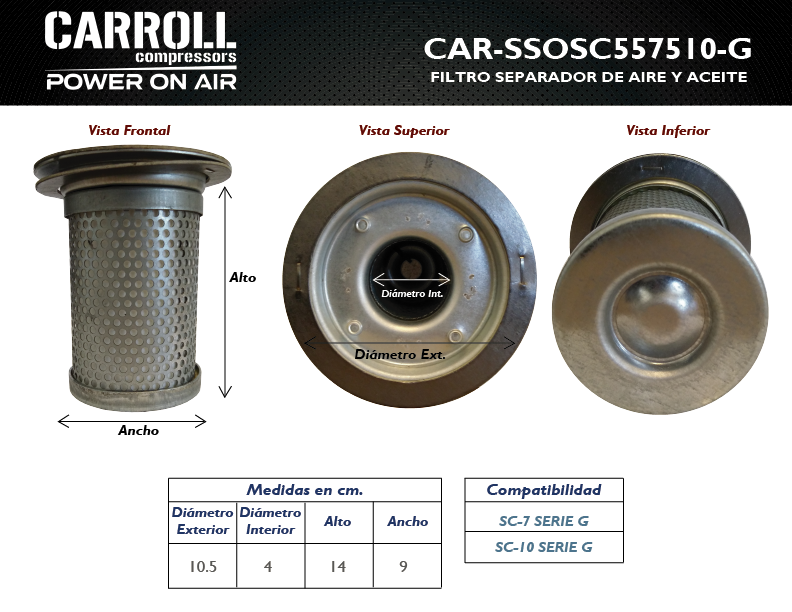 Filtro Separador de Aire y Aceite para Compresores de 7.5 y 10 Hp.