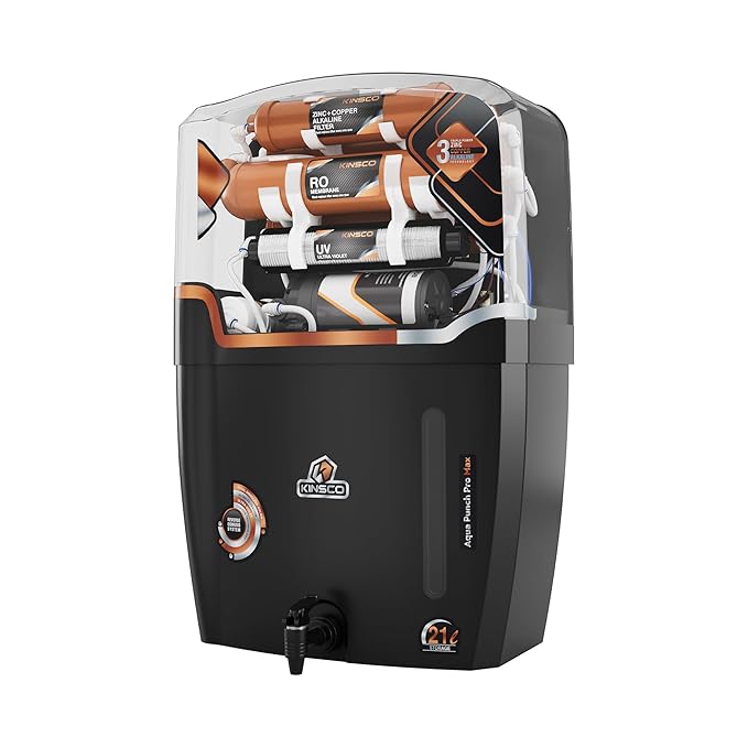 Kinsco Aqua Punch Pro Max 21 L with ISI Mark Ro+Uv+Uf+Tds Adjuster 21 L RO + UV + UF + TDS + ALK + Copper Water Purifier (Black)