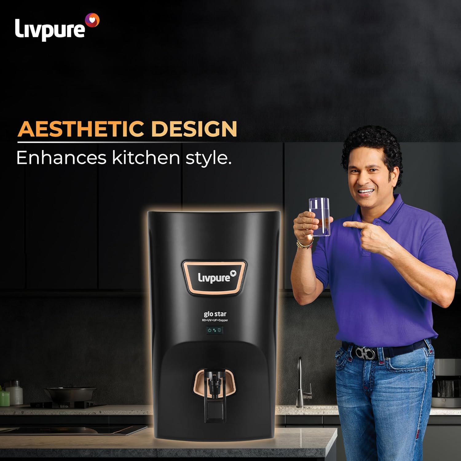 Livpure Glo Star Copper Water Purifier | Free Standard Installation | 8 Stage Advanced Purification | RO+UV+UF Copper | Mineraliser | In Tank UV Sterilisation | 7L Storage Capacity | Black
