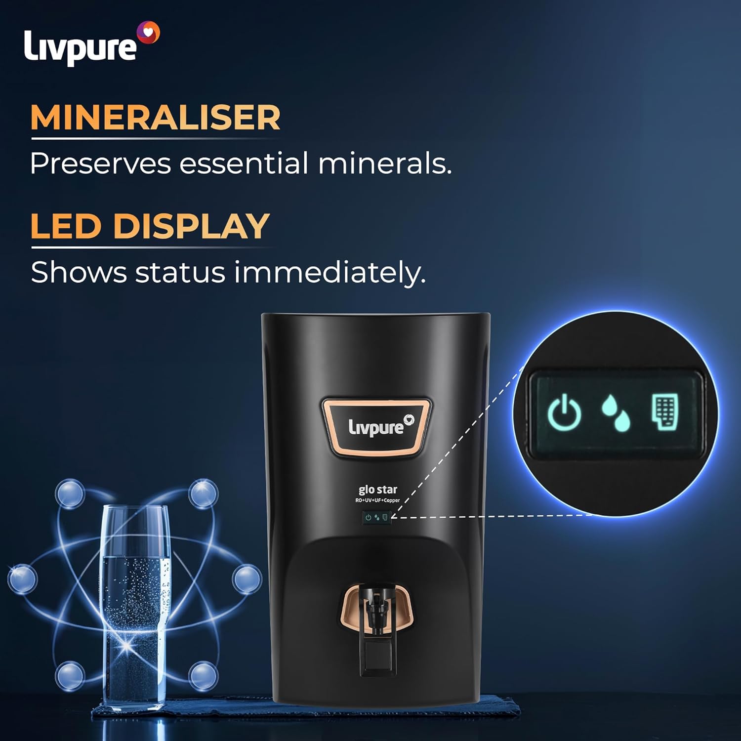 Livpure Glo Star Copper Water Purifier | Free Standard Installation | 8 Stage Advanced Purification | RO+UV+UF Copper | Mineraliser | In Tank UV Sterilisation | 7L Storage Capacity | Black