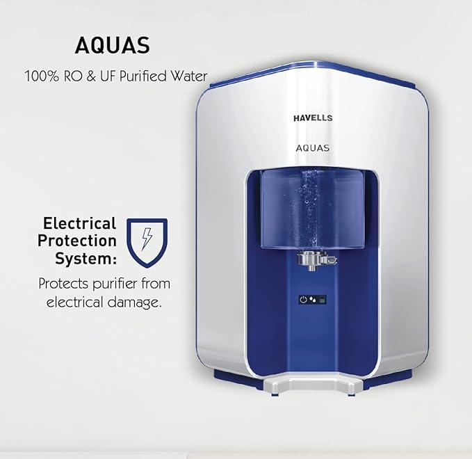Havells AQUAS Water Purifier (White and Blue), RO+UF, Copper+Zinc+Minerals, 5 stage Purification, 7L Tank, Suitable for Borewell, Tanker & Municipal Water