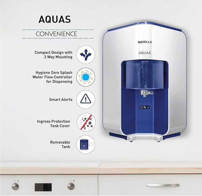Havells AQUAS Water Purifier (White and Blue), RO+UF, Copper+Zinc+Minerals, 5 stage Purification, 7L Tank, Suitable for Borewell, Tanker & Municipal Water
