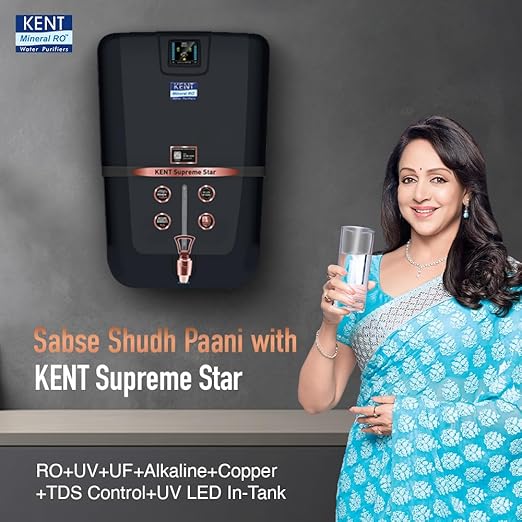 KENT Supreme Star RO Water Purifier | Advanced RO Tech for Sabse Shudh Paani | RO+UV+UF+TDS Control+Alkaline+Copper+UV in Tank | Auto Flush|9L|20 LPH| Ideal For Borewell/Tanker/Municipal Water |Black