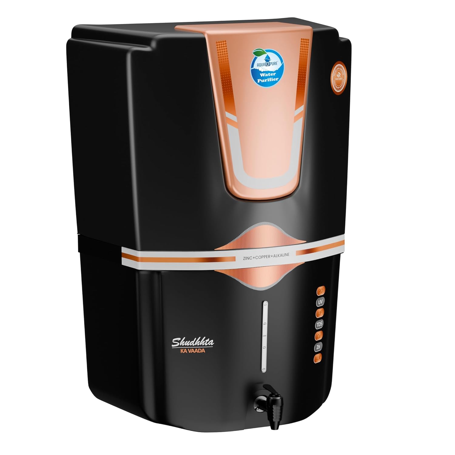 AQUA D PURE Bio Copper Zinc Alkaline Ro Water Purifer with UV, UF, TDS Adjuster Purification Technology, 12 Litre, Black Gold, Suitable for All Type of Water Supply