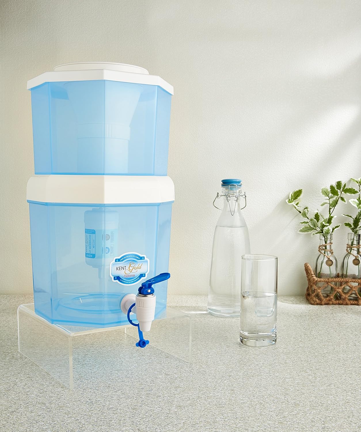 KENT Gold Optima Gravity Water Purifier (11016) | UF Technology Based | Non-Electric & Chemical Free | Counter Top | 10L Storage | White