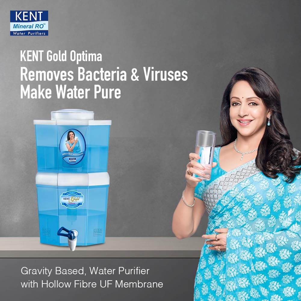 KENT Gold Optima Gravity Water Purifier (11016) | UF Technology Based | Non-Electric & Chemical Free | Counter Top | 10L Storage | White