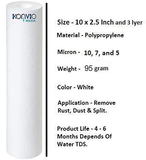KONVIO NEER 10 Inch High Density Spun Pre-Filter (5 Micron PP Spun) Cartridge Compatible for 10 Inch Pre-Filter Housing of All Water Purifier | Pack of 4 Spun