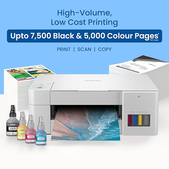Brother Ink Tank DCP-T226 All in One (Print Scan Copy) Color Printer Best for Home, 64 MB, 150 Sheet Paper Tray, USB, Print Up to 7.5 K Pages in Black and 5 K in Color Each for (CMY),Free Installation