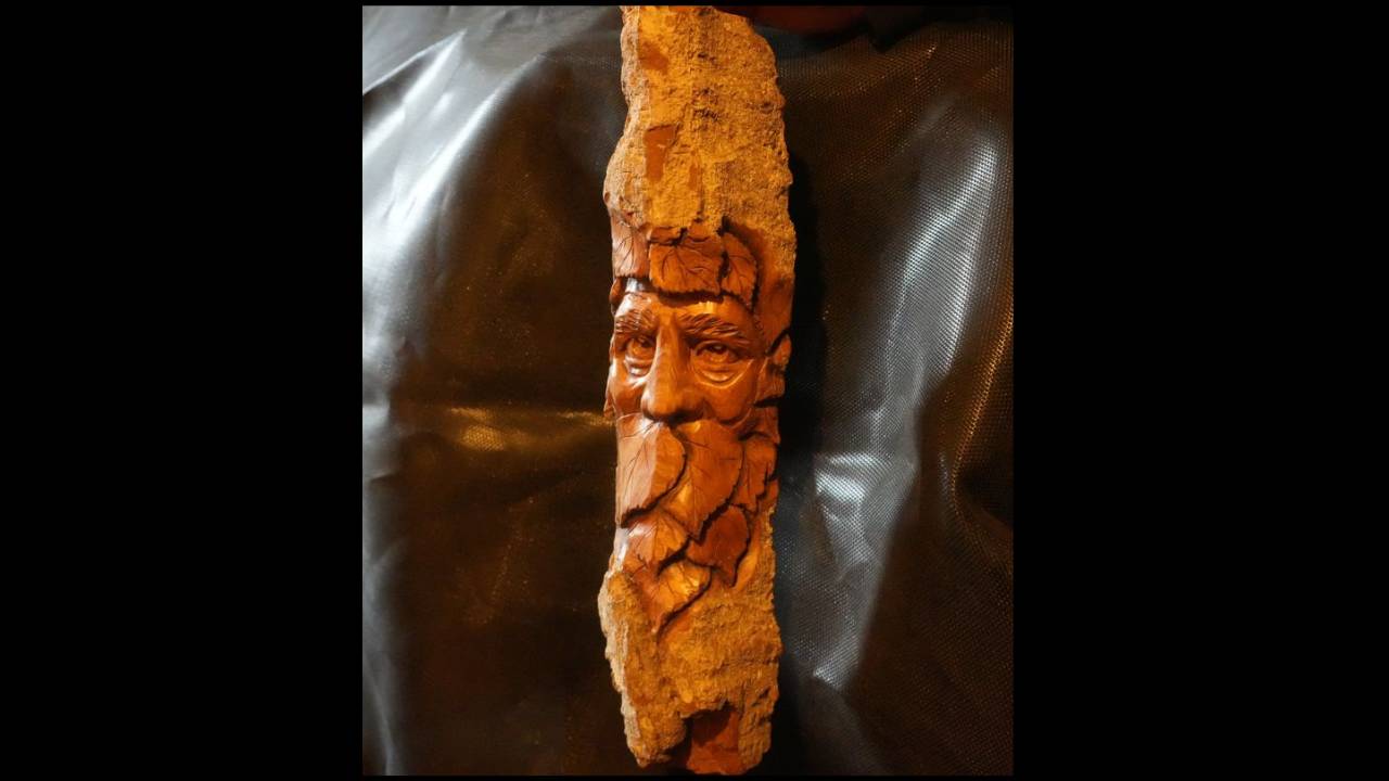 NOT AVAILABLE Greenman carved into cottonwood bark