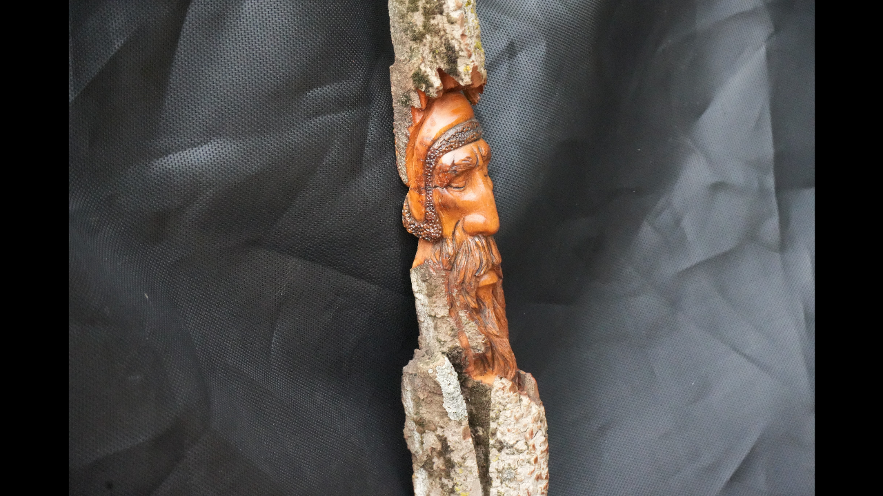Sleeping face carved in cottonwood bark