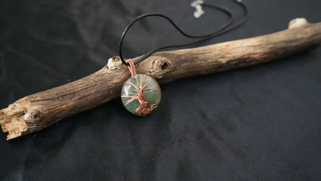 Copper wire wrapped prehnite gemstone tree of life pendant