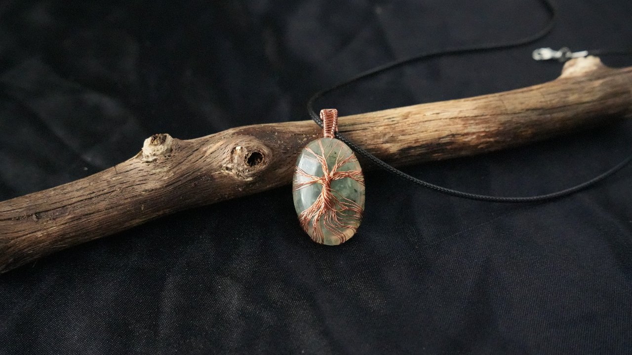 Copper wire wrapped prehnite gemstone tree of life pendant