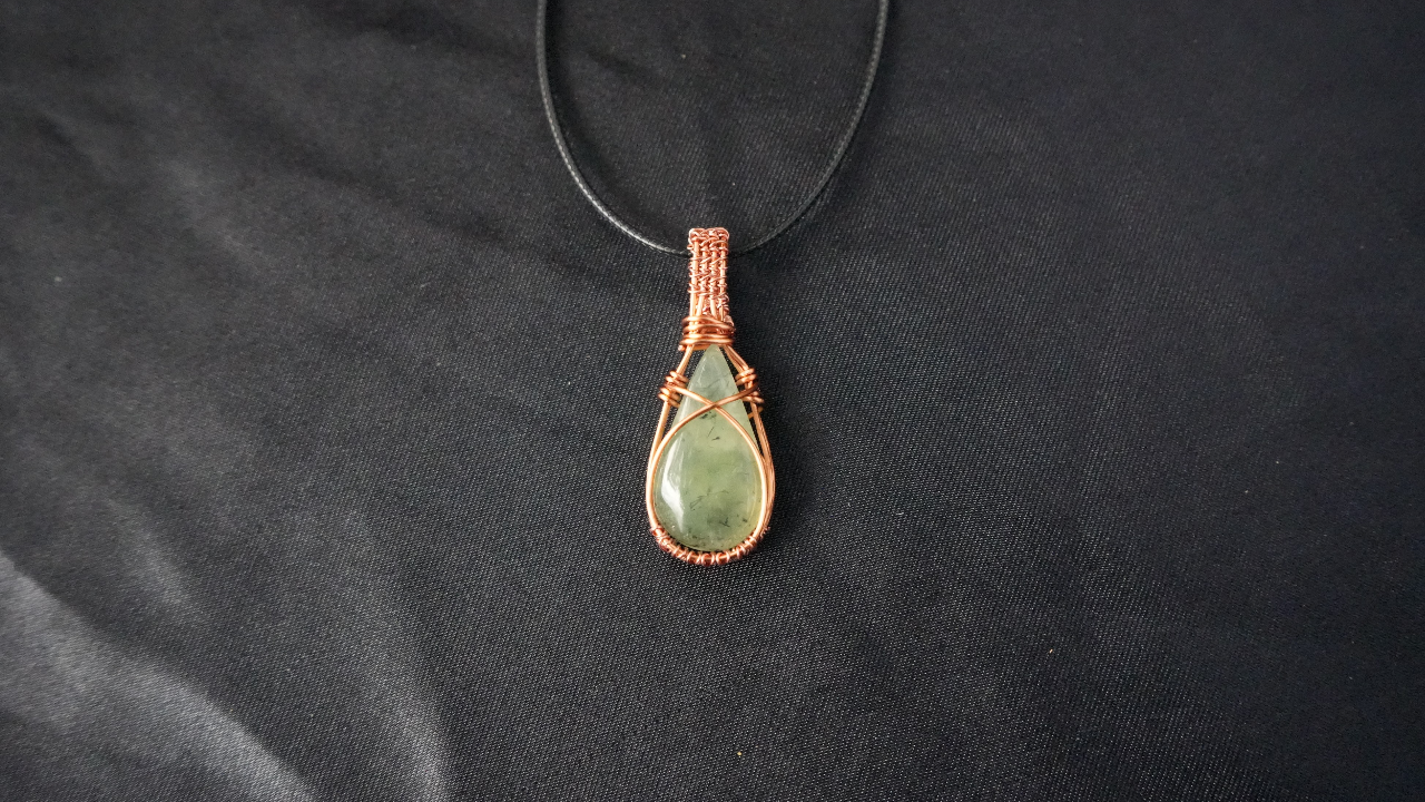 Copper Wire-Wrapped Prehnite Stone Pendant Necklace