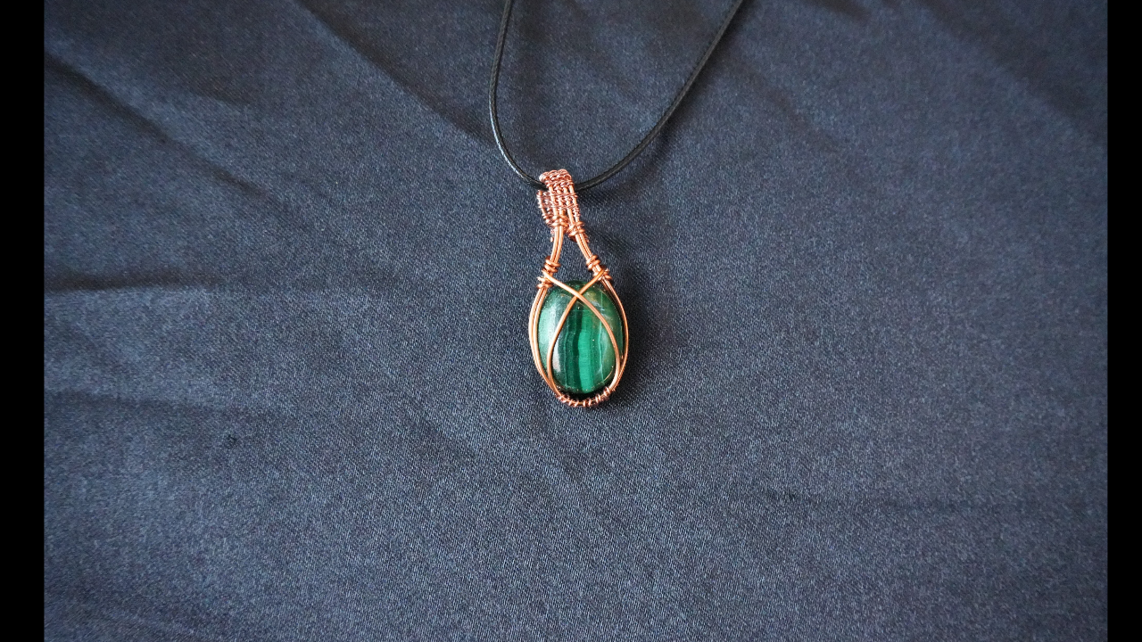 Copper Wire-wrapped Malachite Pendant Necklace L - 1.85 IN W - .75 IN