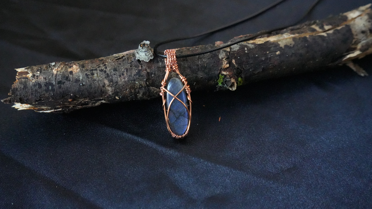 Handmade Copper Wire Wrapped Labradorite Stone Pendant Necklace - L - 2IN W - 1/2 IN