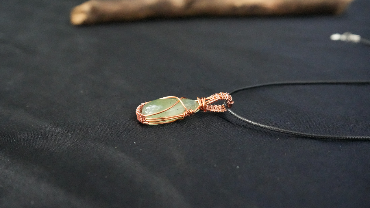 Copper Wire-Wrapped Prehnite Stone Pendant Necklace