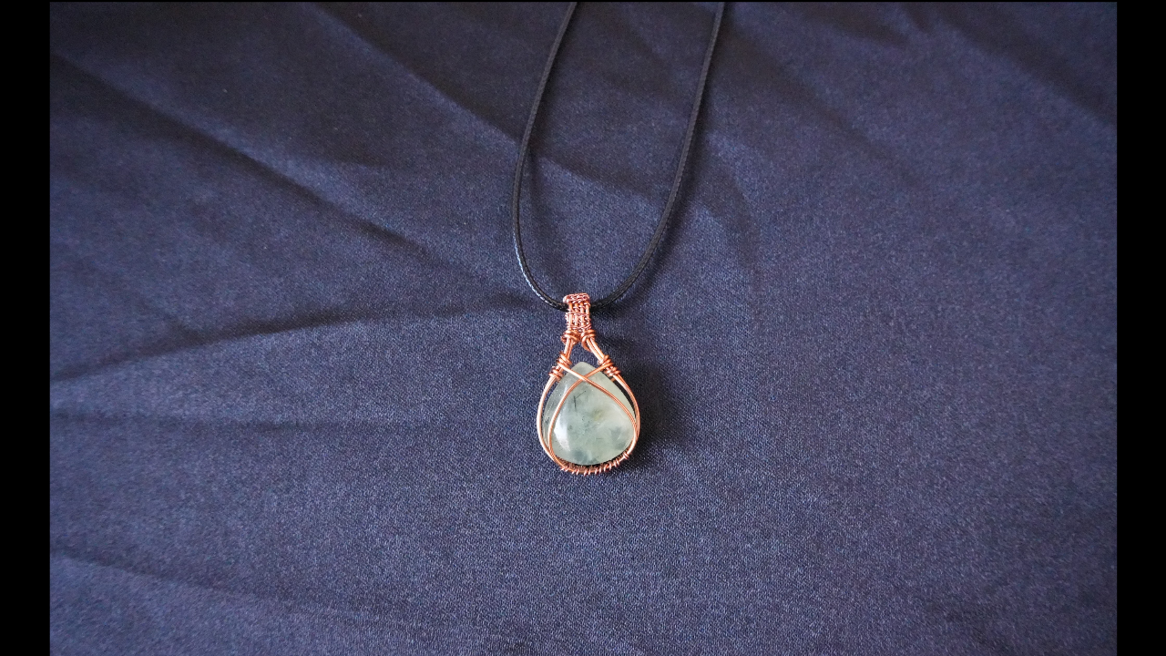 Copper Wire-Wrapped Prehnite Pendant Necklace L 1.5 IN W .85 IN