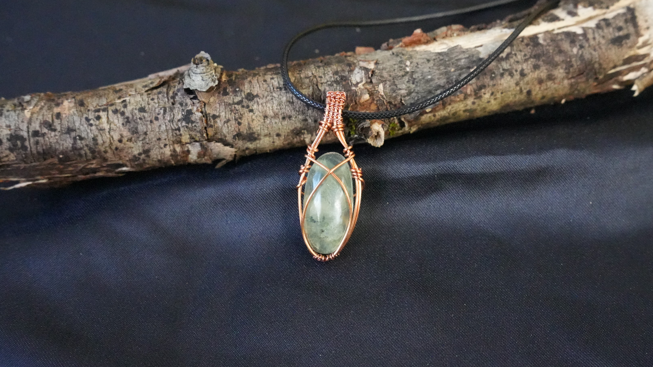 Handmade Wire Wrapped Prehnite Stone Pendant Necklace L 1.90 IN W .75 IN