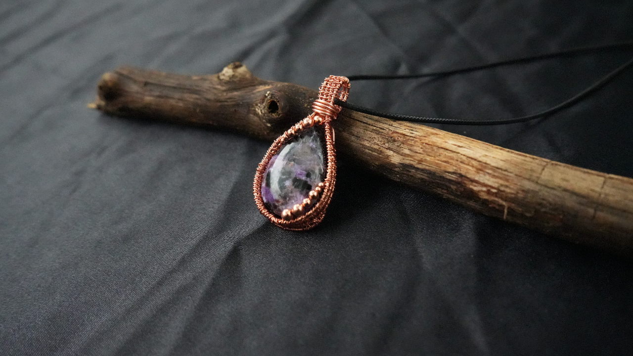 Copper Wire-wrapped Natural Purple Charoite Black Aegirine Pendant Genuine Gemstone 