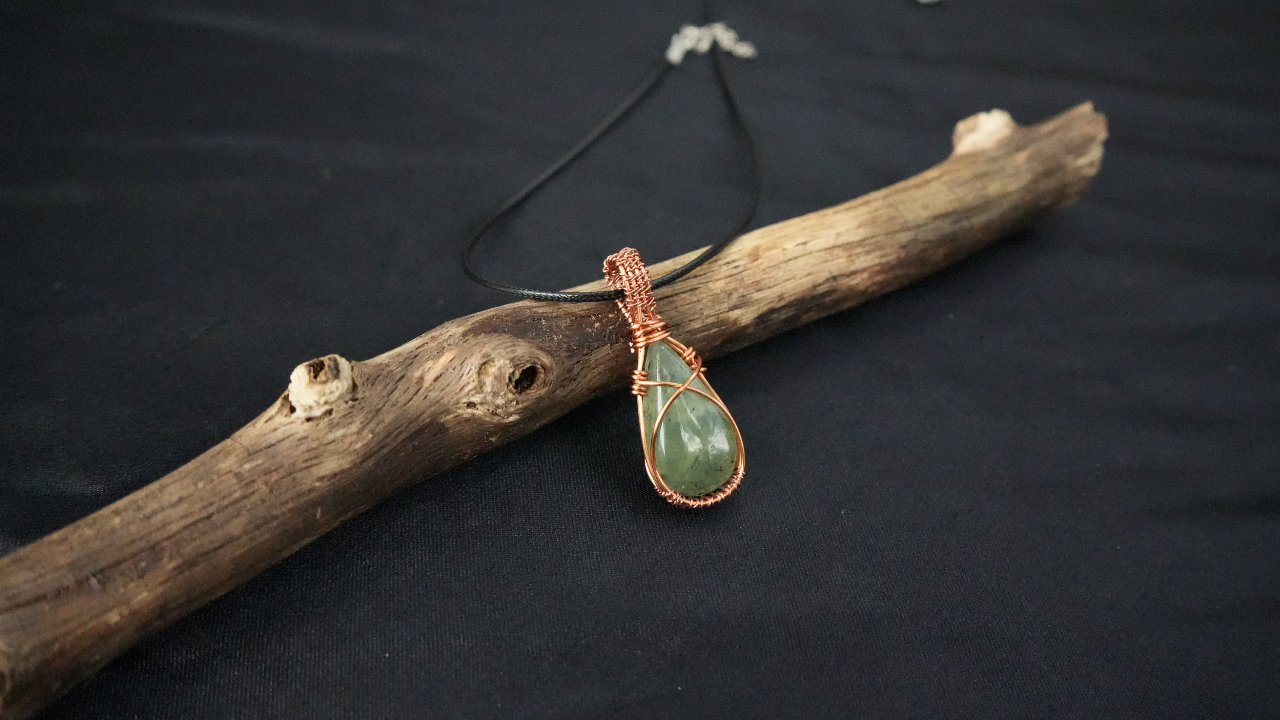 Copper Wire-Wrapped Prehnite Stone Pendant Necklace