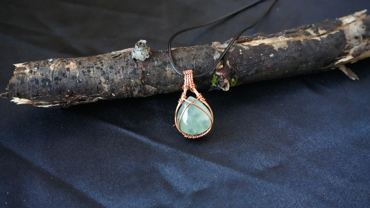 Copper Wire-Wrapped Prehnite Pendant Necklace L 1.5 IN W .85 IN