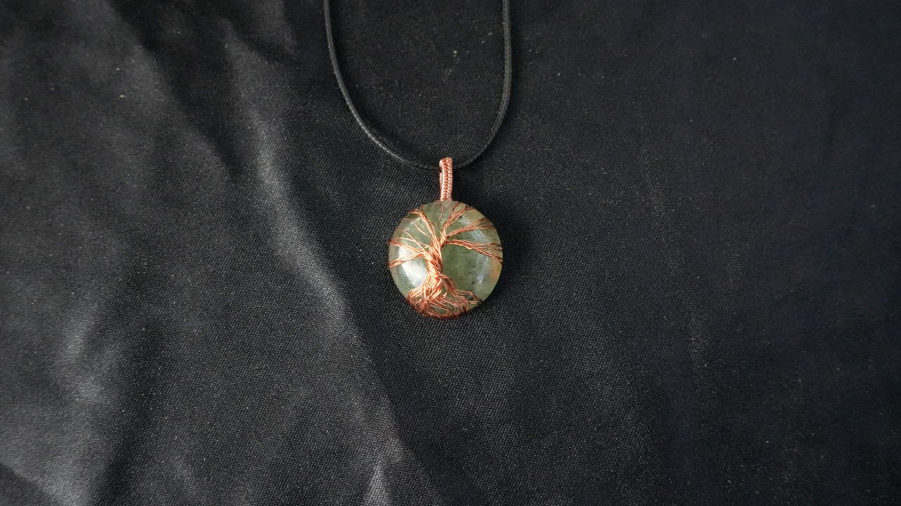 Copper wire wrapped prehnite gemstone tree of life pendant