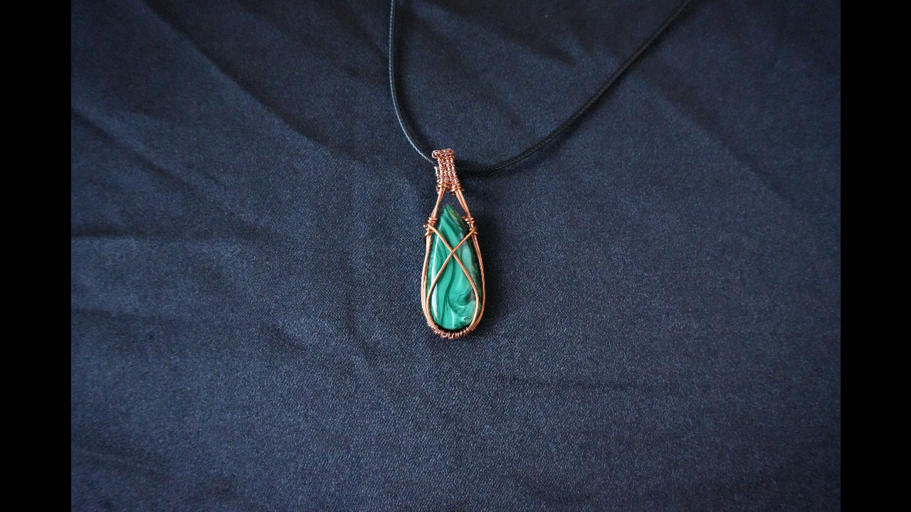 Handcrafted Copper Wire-wrapped Malachite Pendant Necklace L - 2.25 in W .75 IN