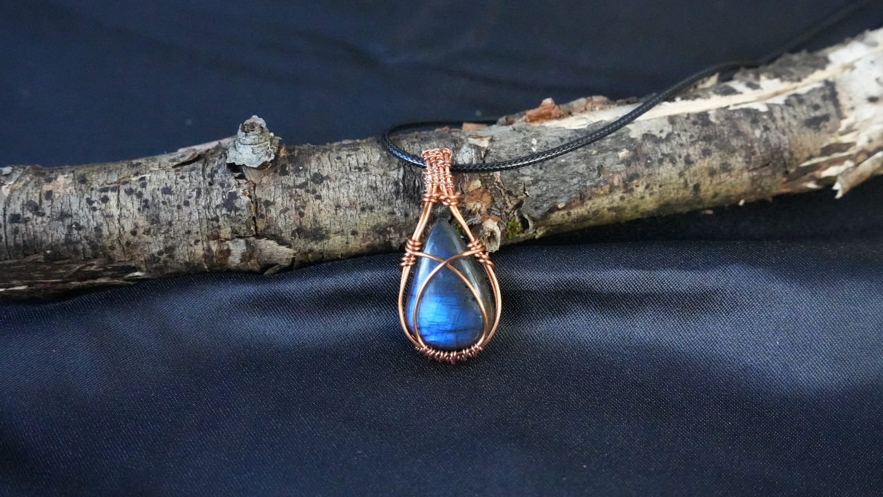 Handmade Wire-Wrapped Labradorite Stone Pendant L - 1.75 IN W - .85 IN