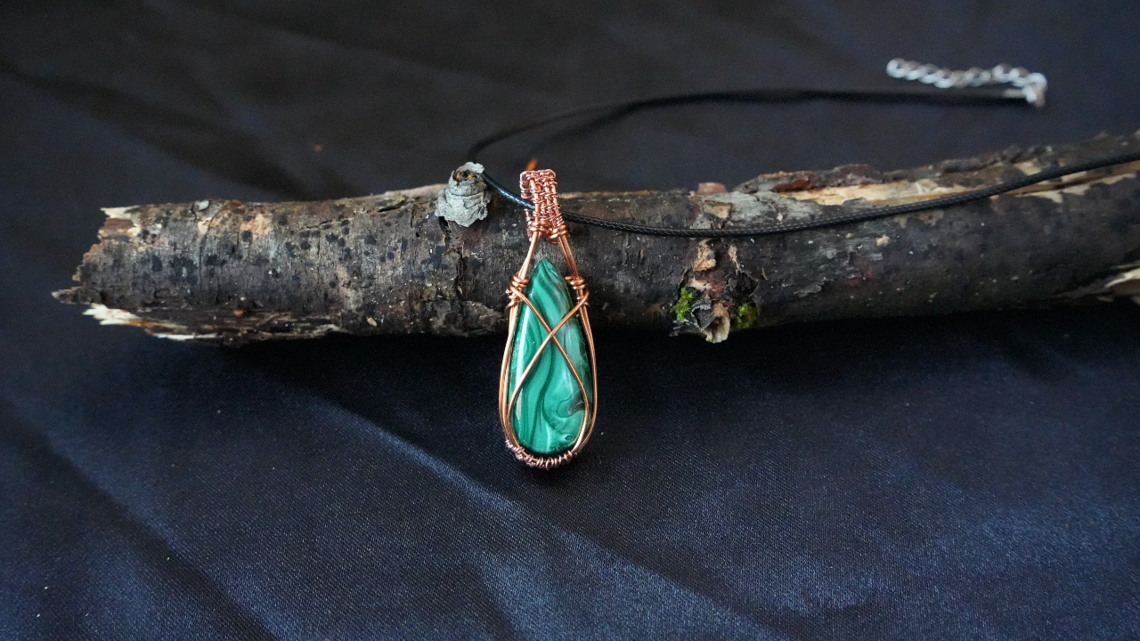 Handcrafted Copper Wire-wrapped Malachite Pendant Necklace L - 2.25 in W .75 IN
