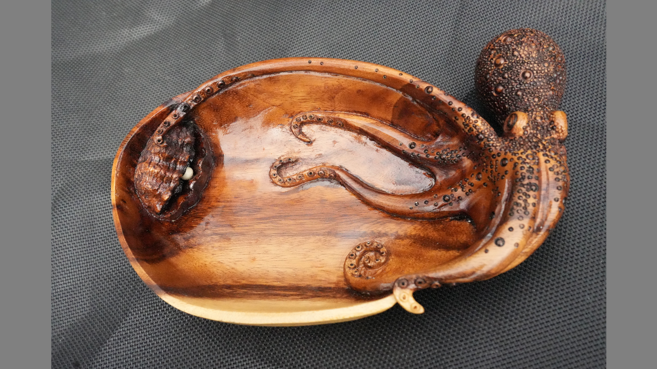 SOLD Octopus-Seashell-Pearl carving in wooden bowl